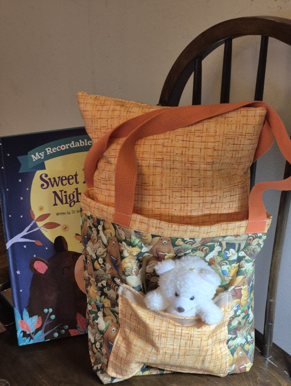 Handmade Orange Book Animals' Print Tote Bag with Pocket, Bear,& Matching Pillow